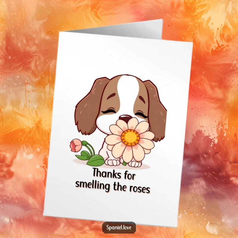 Funny Free Printable Thank You Card: A happy spaniel buries its nose in an oversized flower, a sweet and funny thank you.