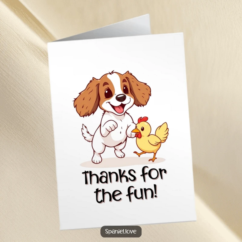 Funny Free Printable Thank You Card: Spaniel in a playful pounce, ready to fetch a rubber chicken.