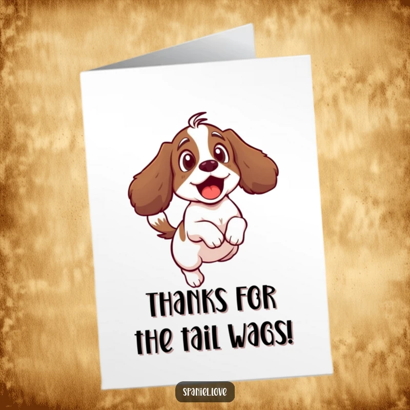 Funny Free Printable Thank You Card: Spaniel surprised by its own wagging tail, a humorous way to say thanks.