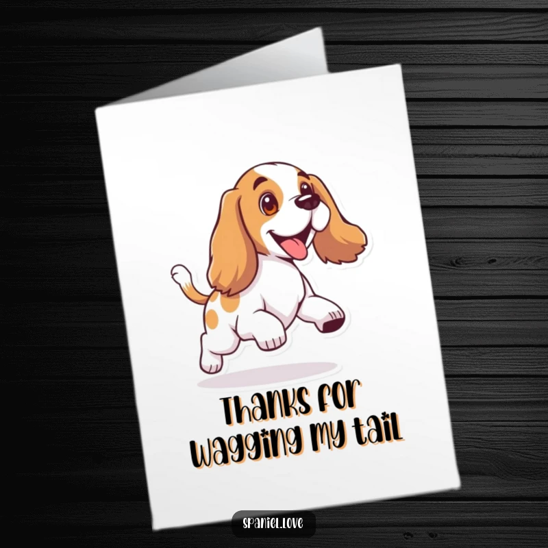 Funny Free Printable Thank You Card: A spaniel with floppy ears happily chases its tail, sending thanks with pure delight.