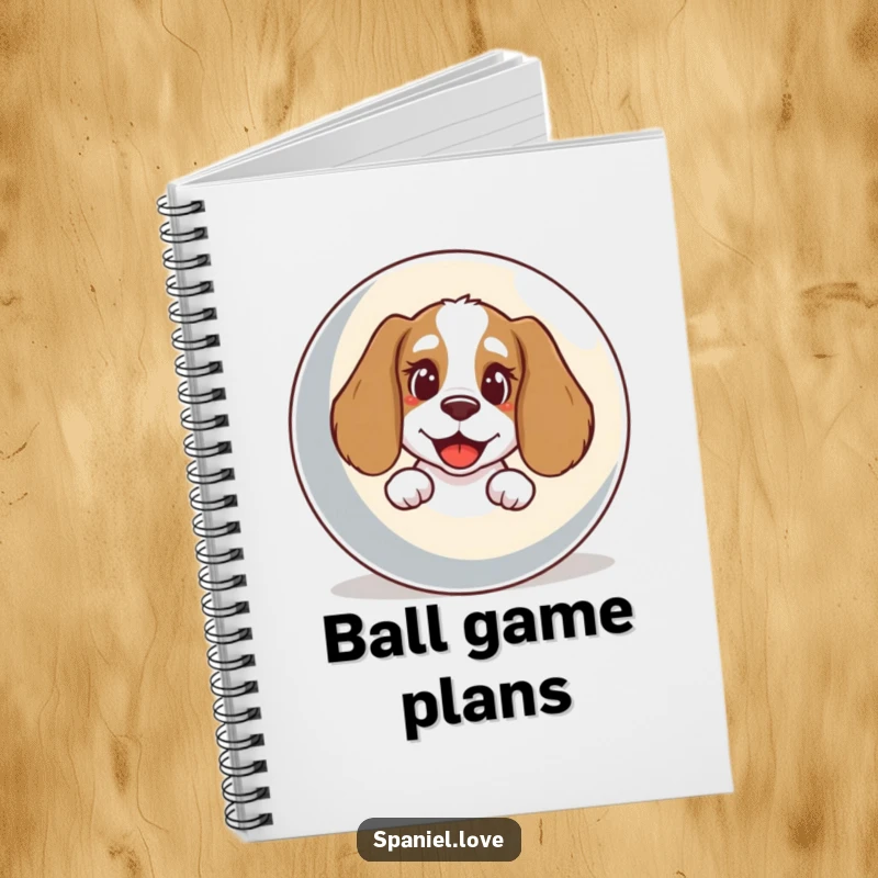Funny Spaniel Notebook: A notebook cover featuring a spaniel with a happy bark peeking from behind a giant ball.