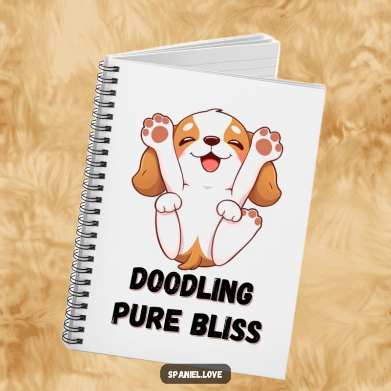 Funny spaniel notebook cover with a cartoon spaniel playfully rolling onto its back, paws in the air, with a happy grin.