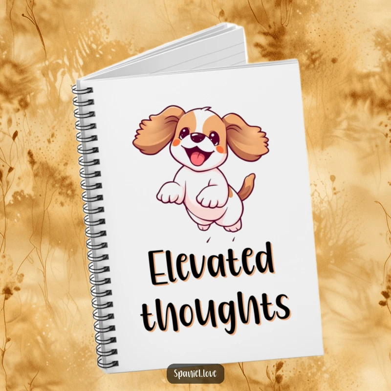 Funny kawaii spaniel leaping joyfully mid-air with floppy ears flying, adorning the cover of a notebook for creative writing and notes.
