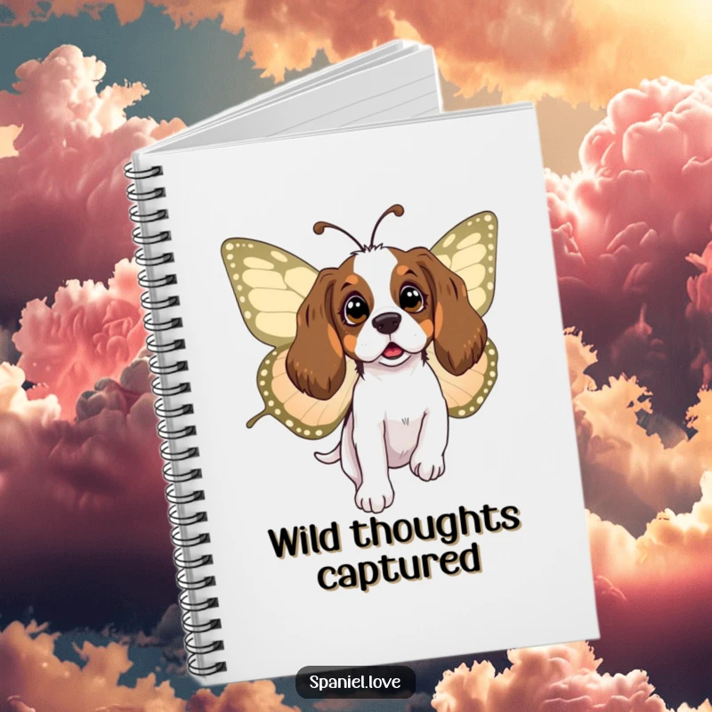 Funny spaniel notebook depicting a surprised dog being carried by a large butterfly, perfect for jotting down whimsical ideas and thoughts.