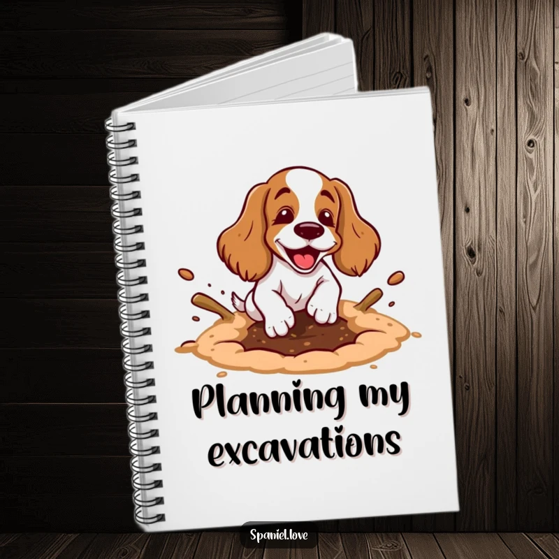 Funny spaniel notebook cover with a cartoon spaniel happily digging a hole, showing exaggerated motion and dirt flying.