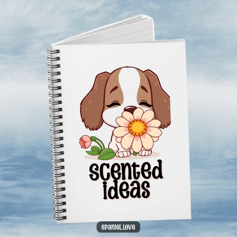 Funny notebook illustrating a happy spaniel character burying its nose in a comically large flower.