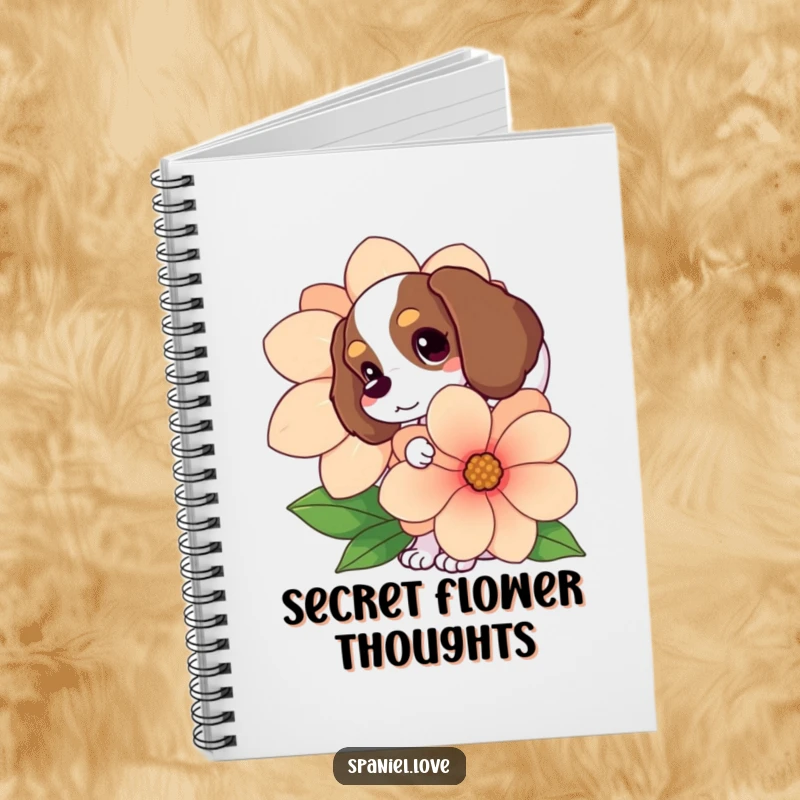 Funny Spaniel notebook, wagging tail showing, peeking from behind a large flower, perfect for capturing thoughts humorously.