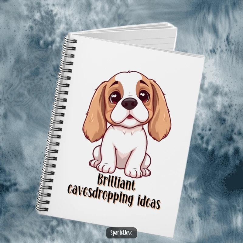 Funny spaniel notebook with a dog listening intently, ears perked, head tilted, perfect for jotting down notes with a humorous touch.
