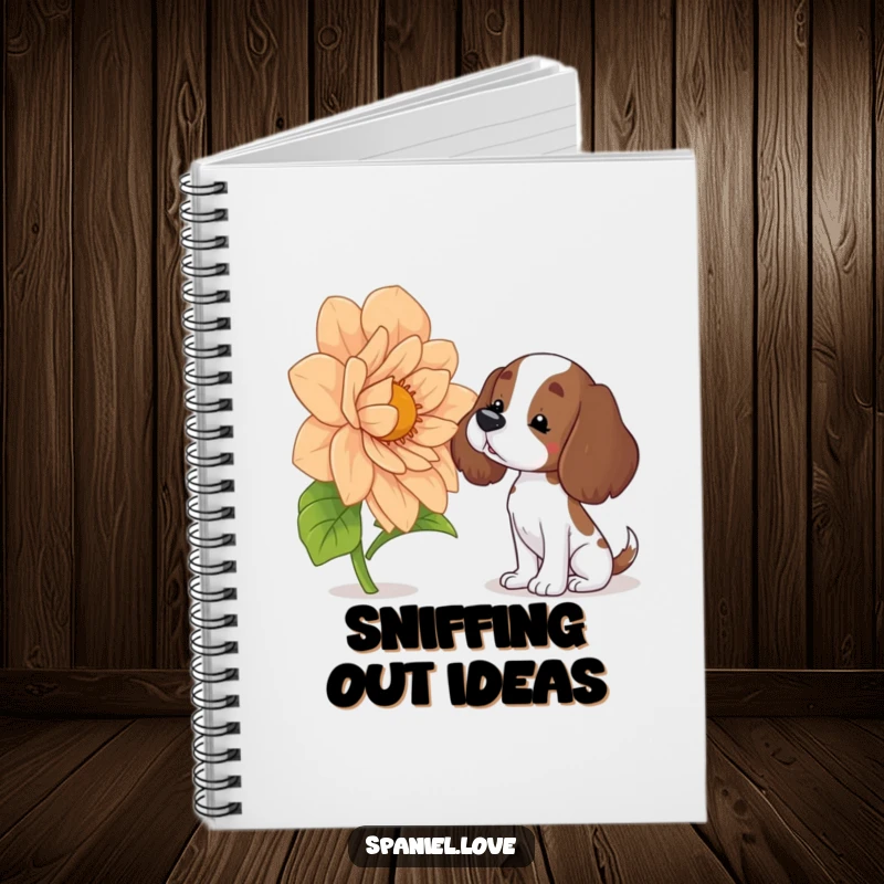 Funny spaniel notebook cover with a curious dog tilting its head to sniff a giant, blooming flower, ideal for humorous journaling.
