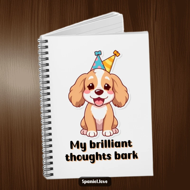 Funny Spaniel dog wearing a small party hat, letting out a joyful bark on a notebook, perfect for jotting party plans.