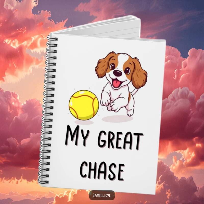Funny spaniel puppy excitedly chasing a giant tennis ball, adorning the cover of a notebook for creative writing and notes.