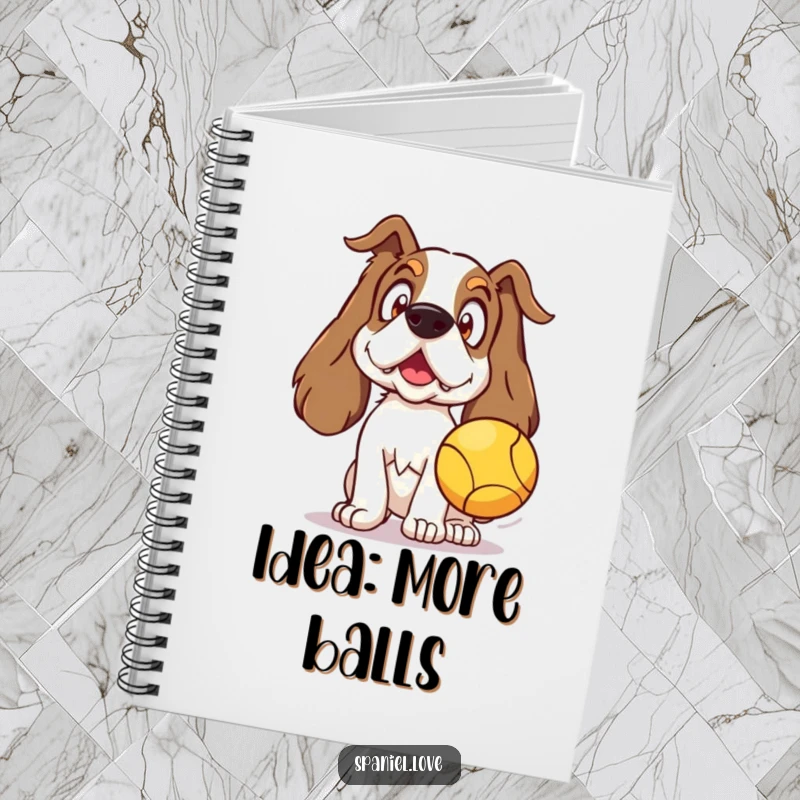 Funny Spaniel Notebook with a surprised spaniel ready for a ball, perfect for jotting down notes with humor.