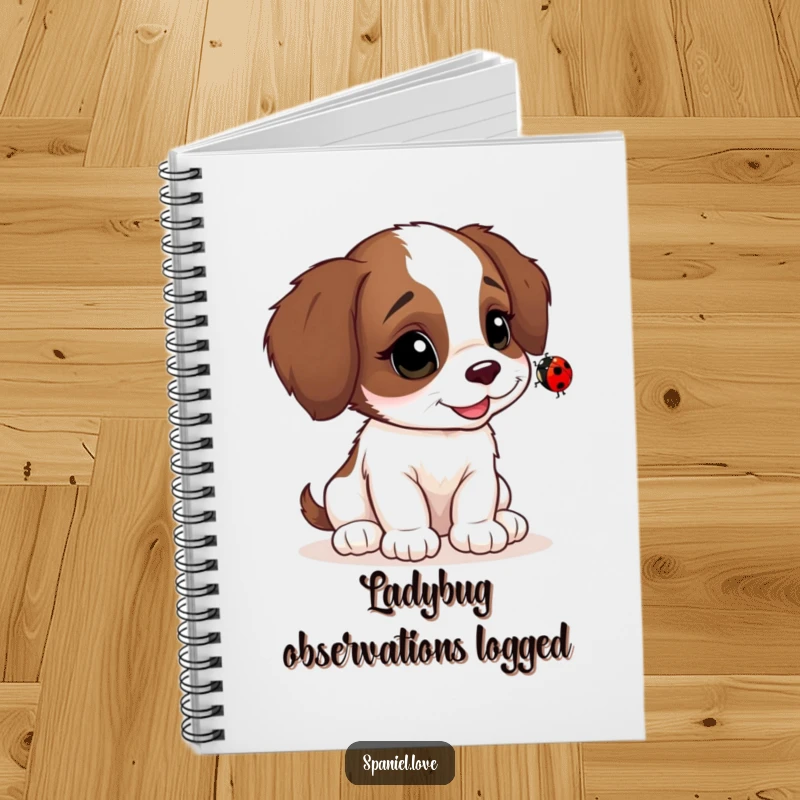 Funny Spaniel cub notebook, head tilted, observing a ladybug, ideal for notes with canine curiosity and charm.
