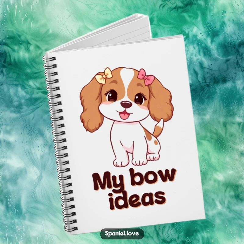 Funny notebook with a spaniel adorned with tiny bows on its ears, its tail wagging vigorously.