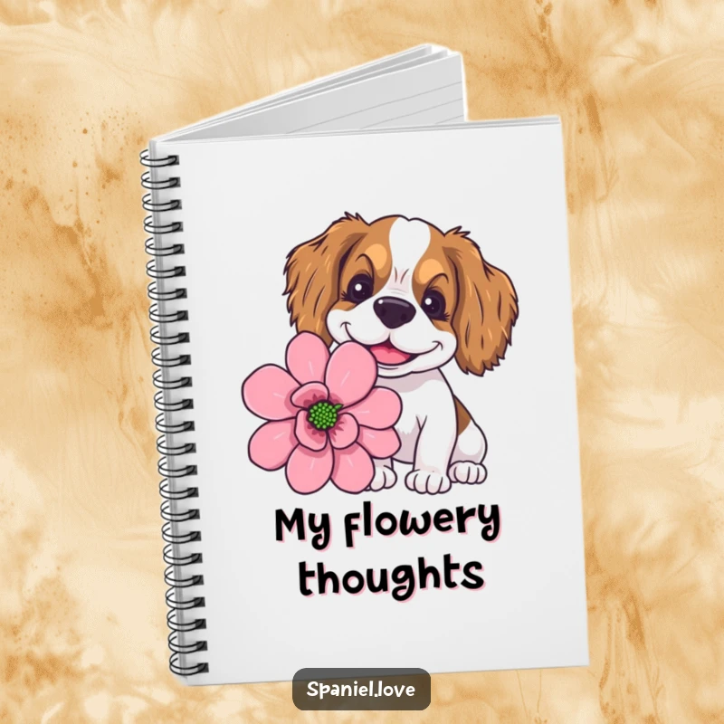 Funny spaniel with a goofy smile sniffing a giant flower on a notebook cover, for jotting happy thoughts.