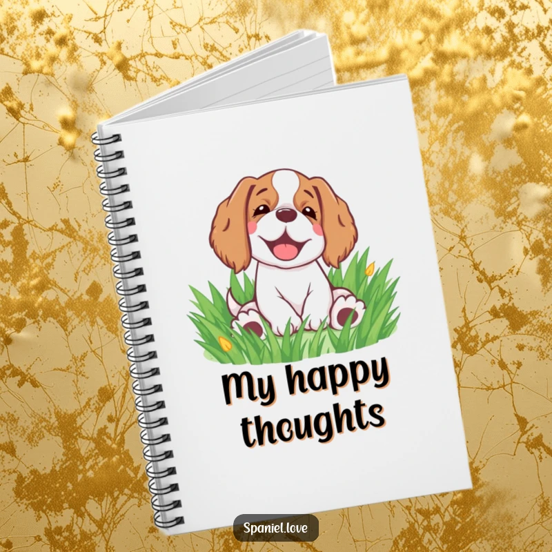 Funny spaniel notebook with a happy spaniel rolling in grass, ideal for jotting down happy thoughts.