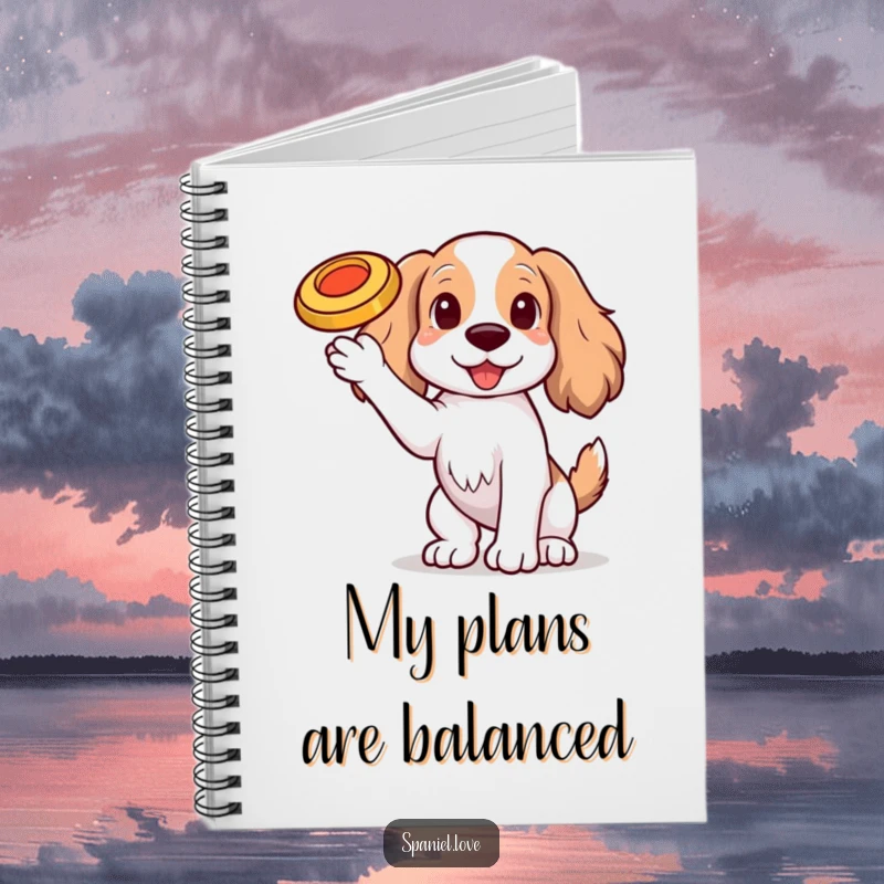 Funny Spaniel dog with one paw raised, balancing a tiny, spinning frisbee on its nose on a notebook, perfect for jotting ideas.