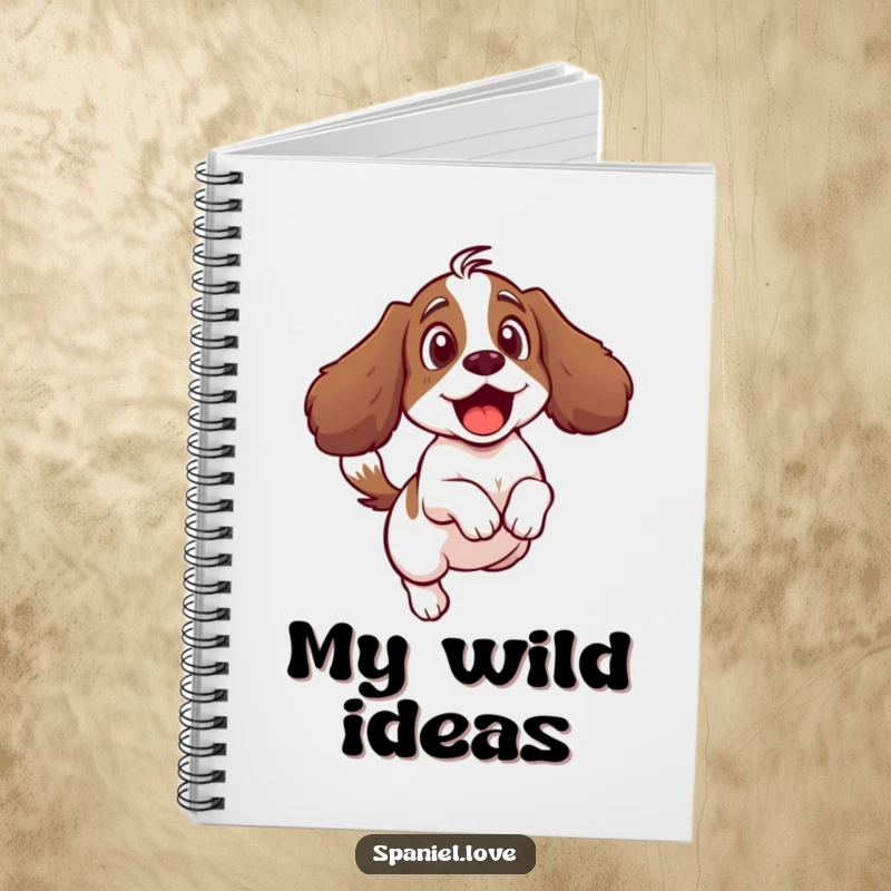 Funny notebook illustrating a surprised spaniel character startled by its own vigorously wagging tail.