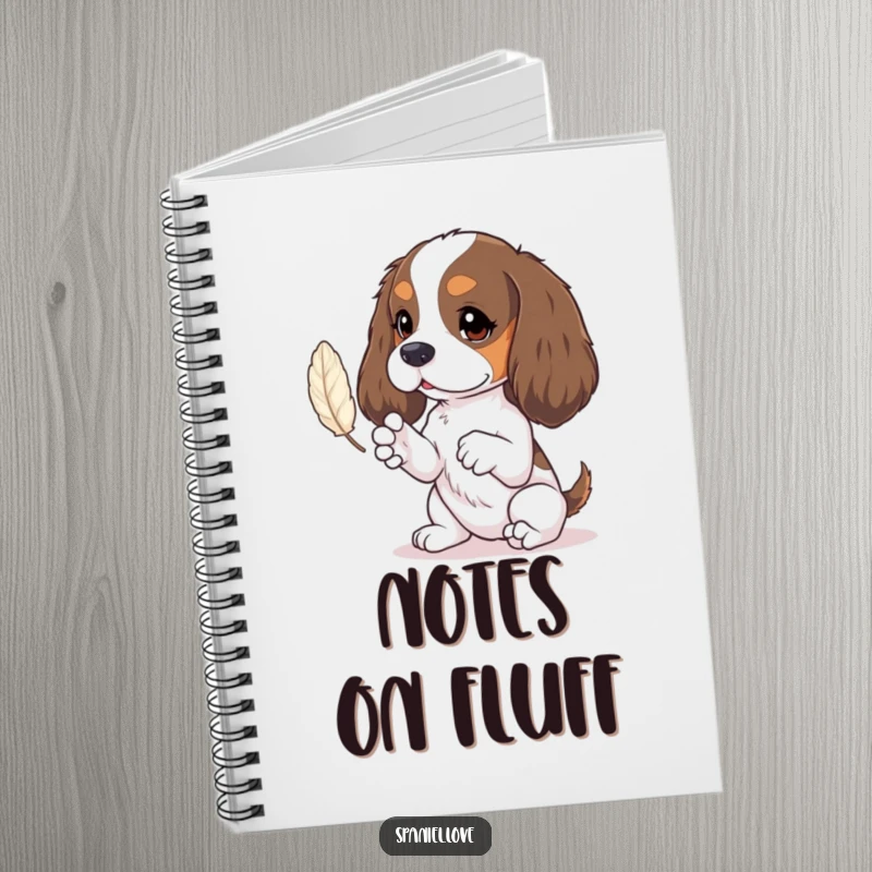 Funny spaniel notebook showcasing tiny paws batting at a feather, perfect for jotting down whimsical thoughts.