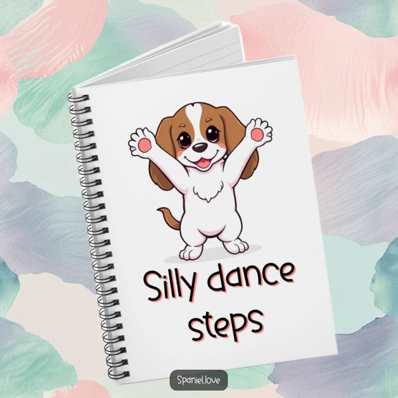 Funny spaniel doing a silly dance with paws in the air on a notebook cover, perfect for jotting down playful ideas.