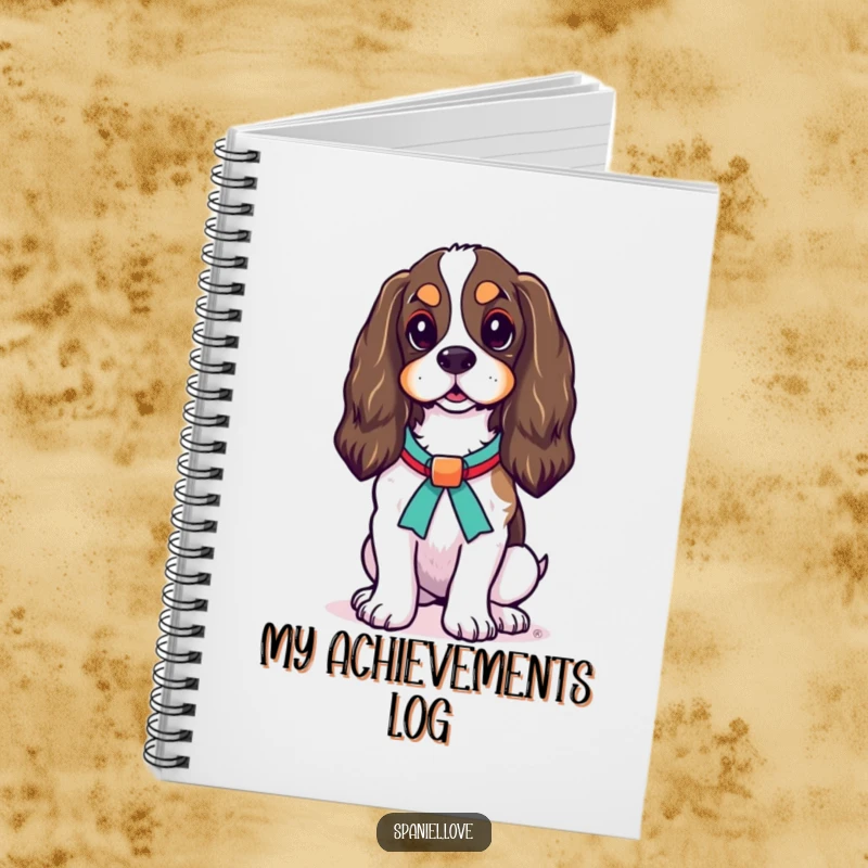 Funny Spaniel Ribbon Notebook: A proud spaniel dog stands adorned with a ribbon, ready to record elegant thoughts.