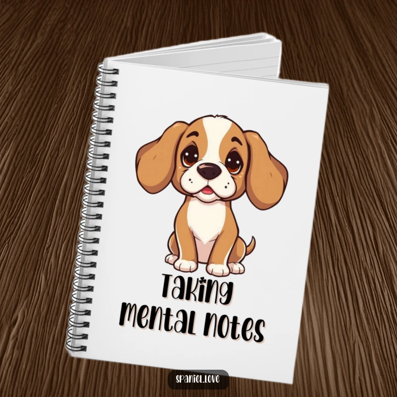 Funny Spaniel notebook with a character tilting its head, listening intently with curiosity. This journal is perfect for detailed note-taking and focused work.