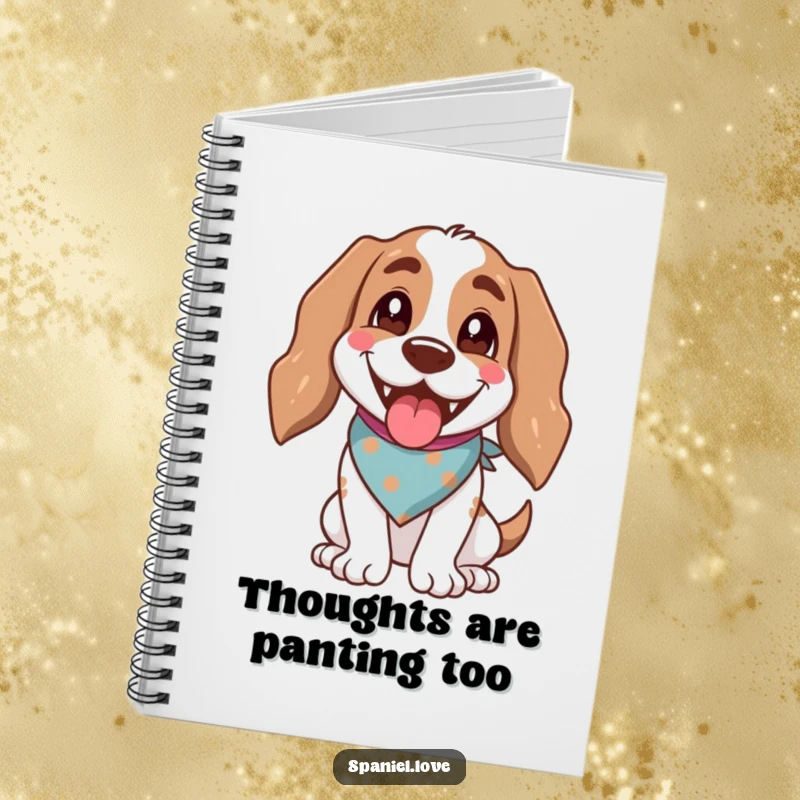 Funny spaniel dog in a bandana, panting happily, notebook cover, symbolizing joy and ideas.