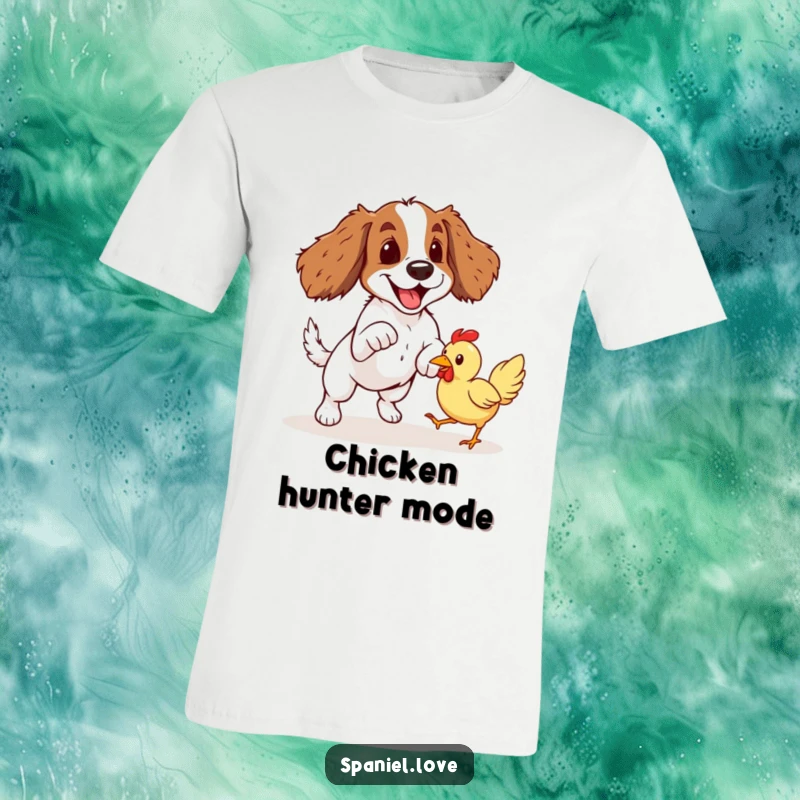 Funny Spaniel Rubber Chicken Pounce T-Shirt: An excited spaniel is captured mid-pounce, eagerly chasing a squeaky rubber chicken.