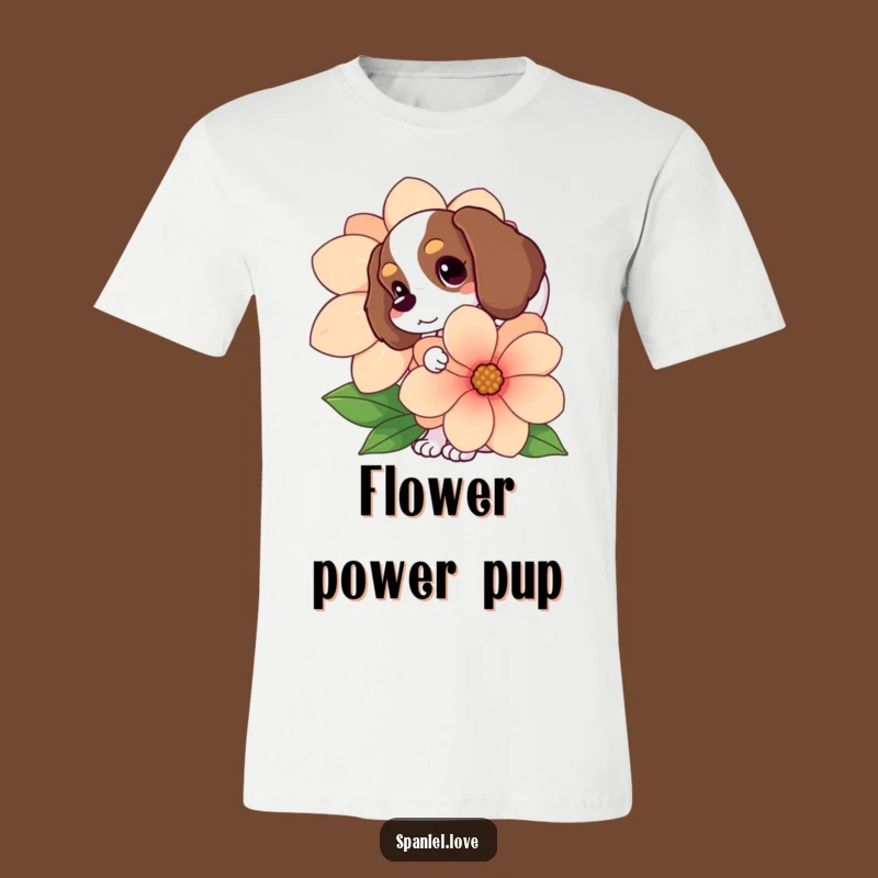 Funny Spaniel Flower Peek T-Shirt: Cute Wagging Tail Dog Tee Gift