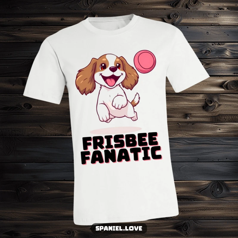 Funny t-shirt depicting a spaniel in mid-leap, joyfully barking for a frisbee with its tongue out, embodying pure canine excitement.