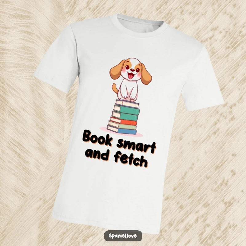 Funny spaniel t-shirt featuring an excited dog with a wagging tail, skillfully balancing on a stack of colorful books, looking smart.