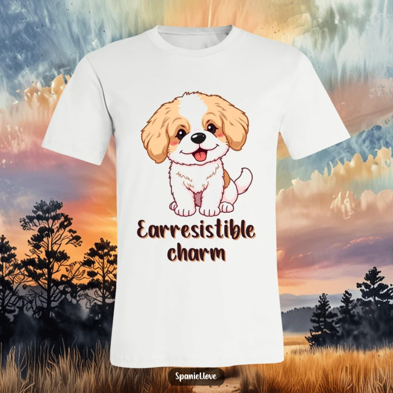 Funny illustration of a fluffy spaniel puppy with oversized ears, its tail a blur of happy motion on a t-shirt.