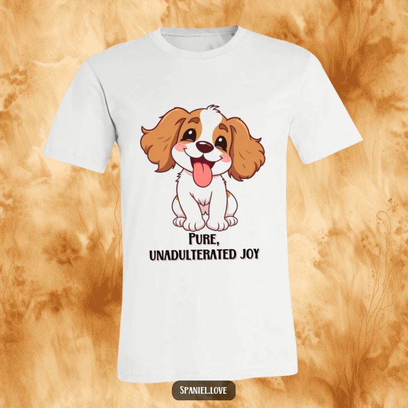 Funny Spaniel T-Shirt: A gleeful dog spinning joyfully with its tongue out, a humorous and energetic design.
