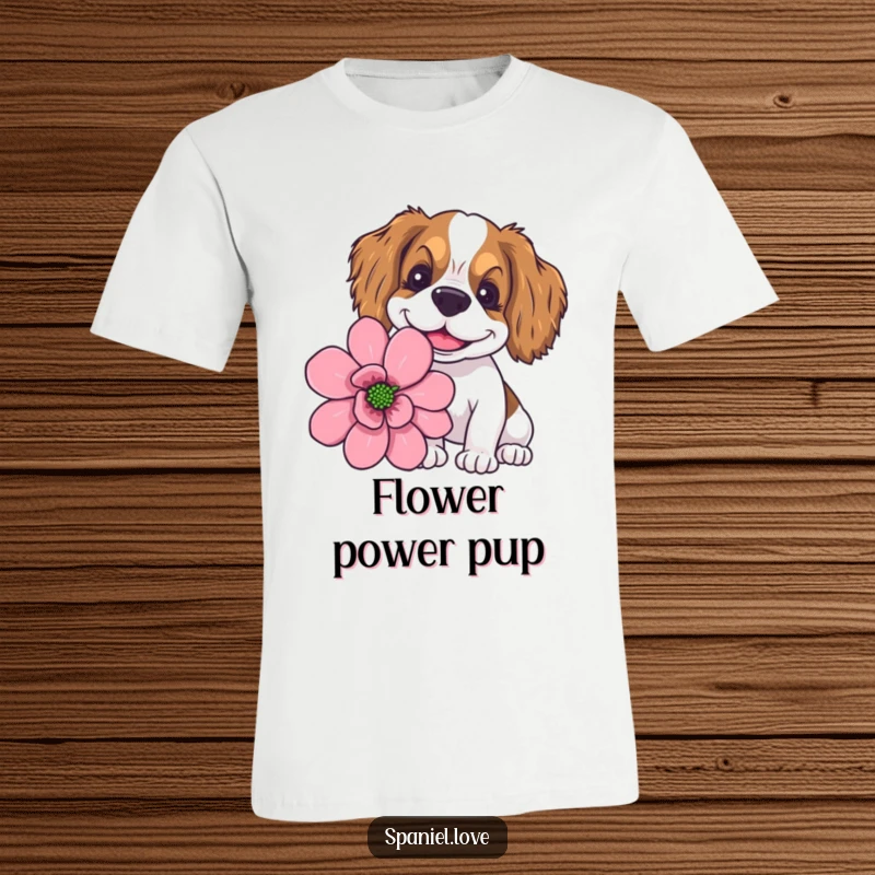 Funny spaniel character with a huge, goofy smile sniffing a dramatically oversized flower, printed on a fun t-shirt.