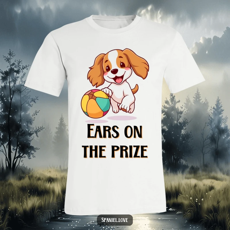 Funny t-shirt showing an energetic spaniel dog with its ears flapping in the wind while enthusiastically chasing a colorful bouncing ball.