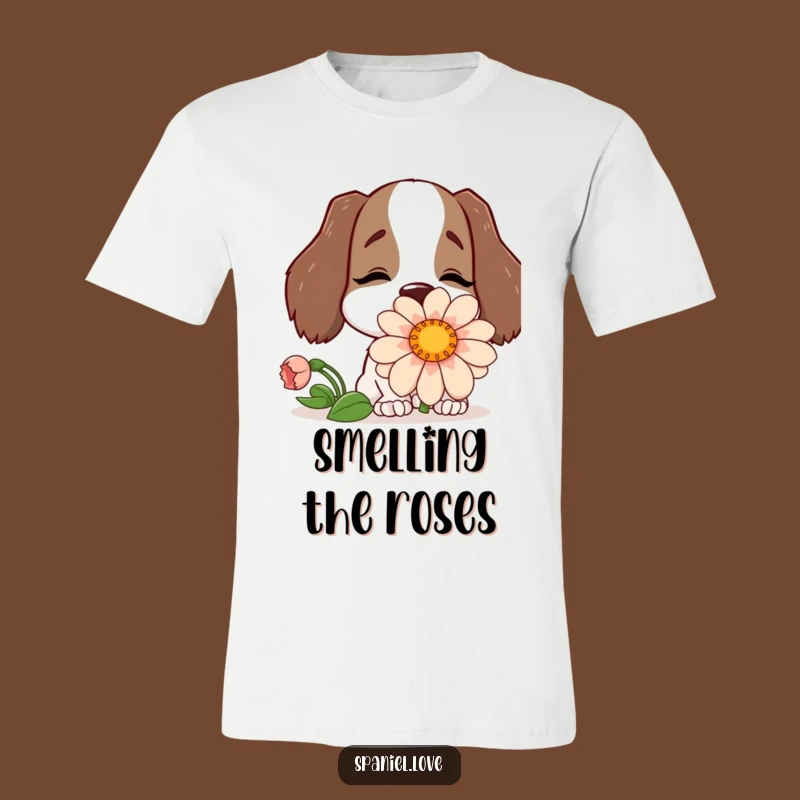 Funny Spaniel Flower Snuggle Tee: Wearable Joy with a Happy Dog Character.