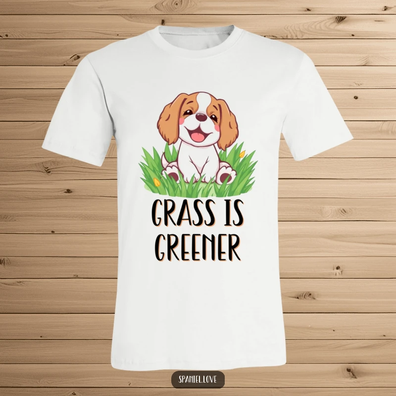 Funny spaniel t-shirt showing a happy spaniel rolling in grass with a contented sigh, full of doggy charm.