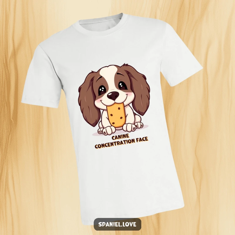 Funny Spaniel T-Shirt: A spaniel with a silly, wide grin attempts to balance a treat on its nose in a hilarious pose.