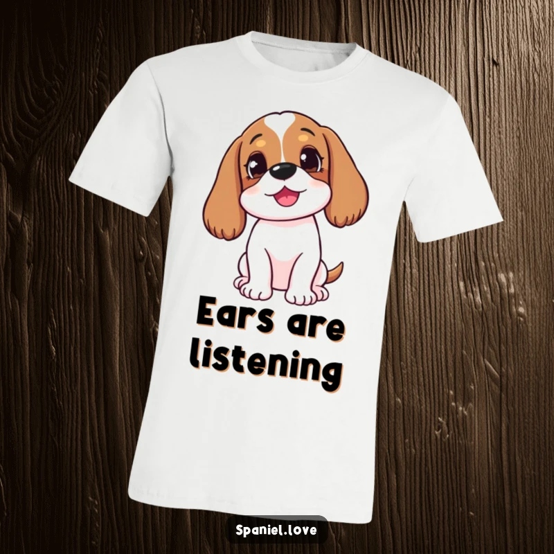 Funny happy spaniel with head tilted, listening intently on a T-shirt, capturing attentive and humorous canine expression.