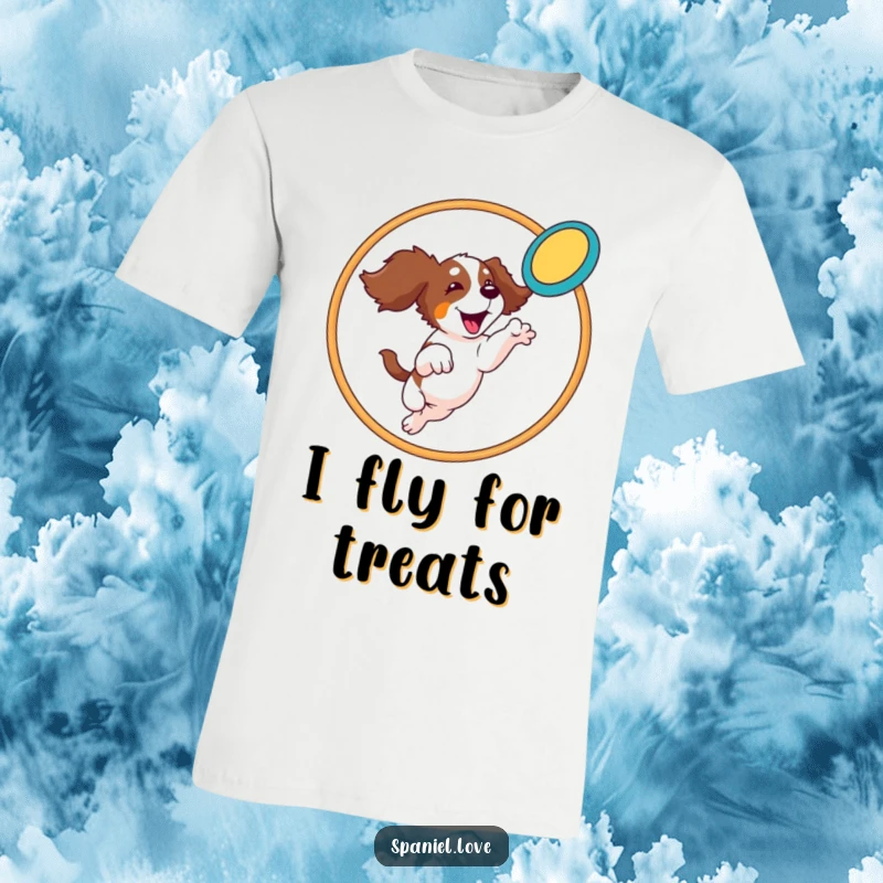 Funny Spaniel T-Shirt: A spaniel performs a spectacular leap through a hoop, catching a frisbee with athletic, comical flair.