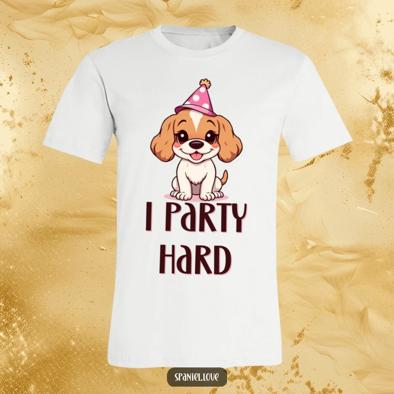 Funny Spaniel t-shirt featuring a character with a goofy grin and party hat, ready to celebrate. This shirt exudes pure joy and festive energy.