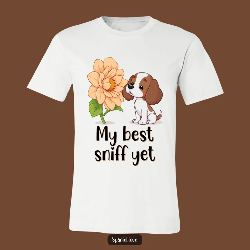 Funny Spaniel T-Shirt: Curious Dog Smelling Big Flower, Comical Pet Lover Gift