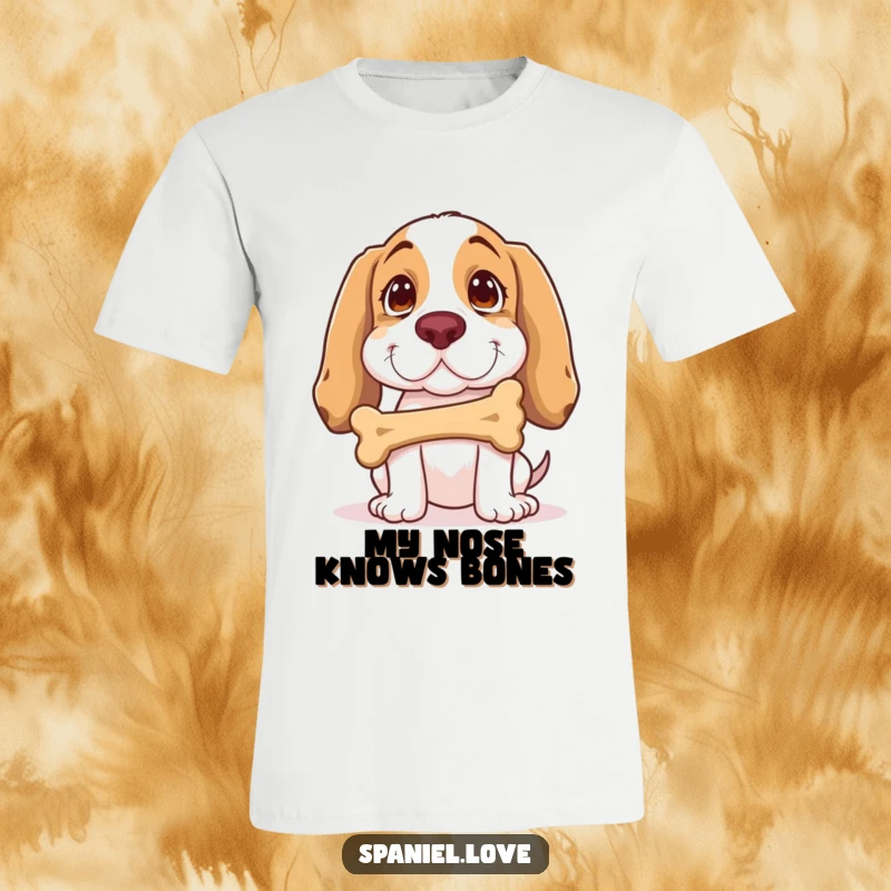 Funny Spaniel T-Shirt: A spaniel balances a bone on its nose with focused, comical concentration, showcasing its silly skill.
