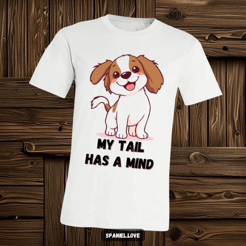 Funny Spaniel T-Shirt: A spaniel's entire body is a vibrant blur from enthusiastic tail wagging, capturing pure, comical doggy excitement.