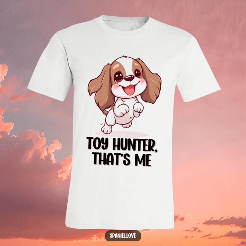 Funny Spaniel t-shirt with a character doing an excited wiggle and jumping for a toy. This shirt embodies pure, unadulterated playfulness and canine excitement.