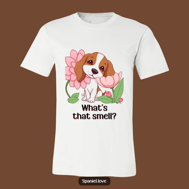 Funny Spaniel Flower Sniff T-Shirt: Curious Dog Tilting Head Gift