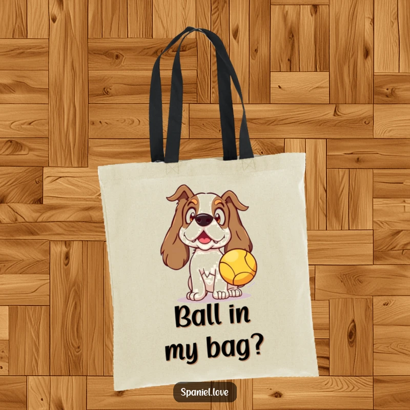 Funny Spaniel Tote Bag showcasing a surprised spaniel anticipating a thrown ball, a practical and humorous accessory.
