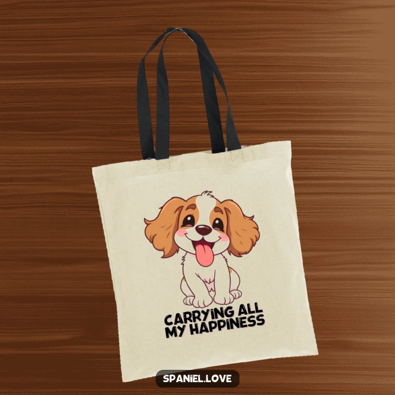Funny Spaniel Tote Bag: A gleeful dog spinning with delight, tongue out, perfect for carrying your humor and essentials.