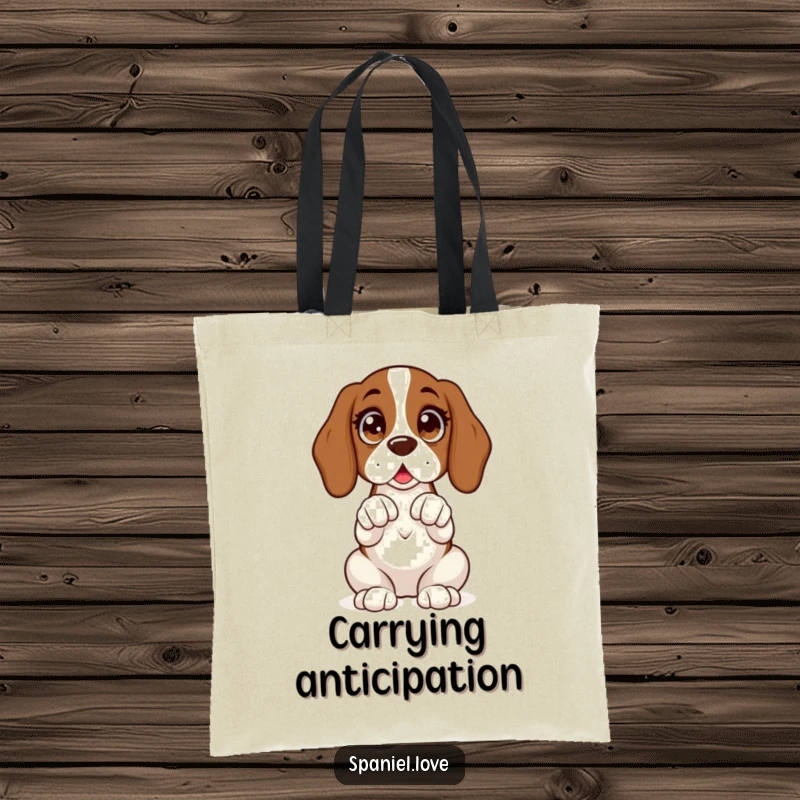 Funny tote bag showing a spaniel sitting upright with wide, excited eyes and its paws clasped expectantly.