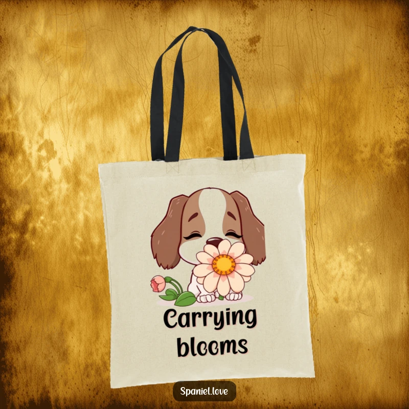 Funny tote bag featuring a happy spaniel character with its nose buried deep in a comically large flower.
